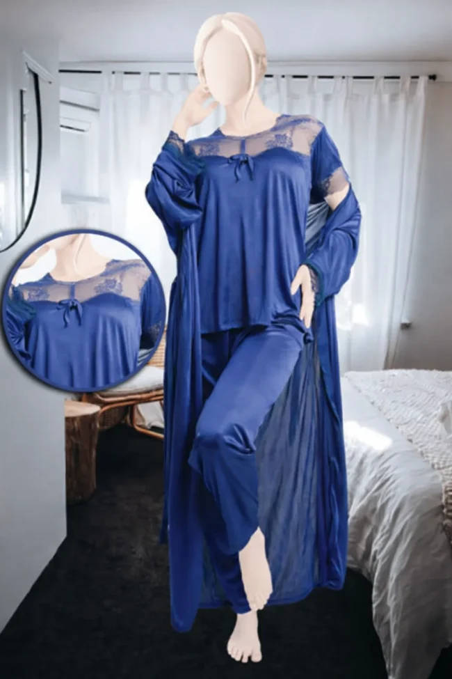 3 Piece Satin Silk Nightwear Set - Blue