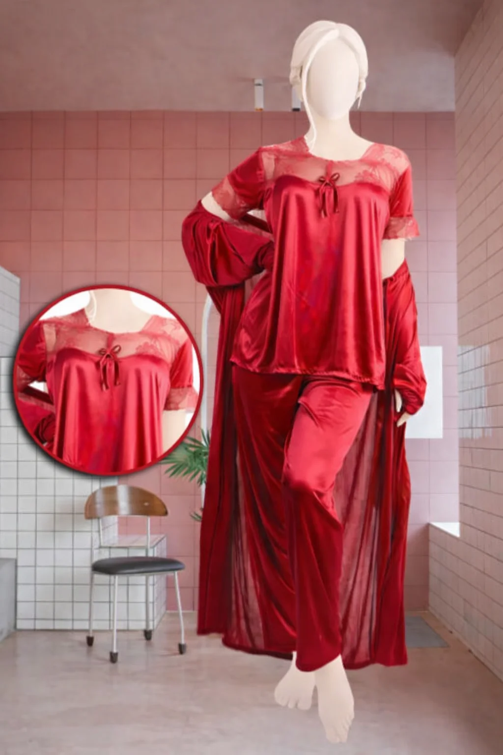 3 Piece Soft Silk Nightwear Set for Women